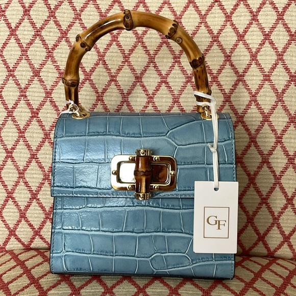 German Fuentes croc embossed leather bamboo handle bag - Picture 2 of 7